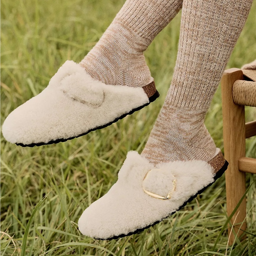 Birkenstock Boston Teddy Clogs Big Buckle Gold Cream Shearling Woman’s Size 5 - Picture 2 of 15